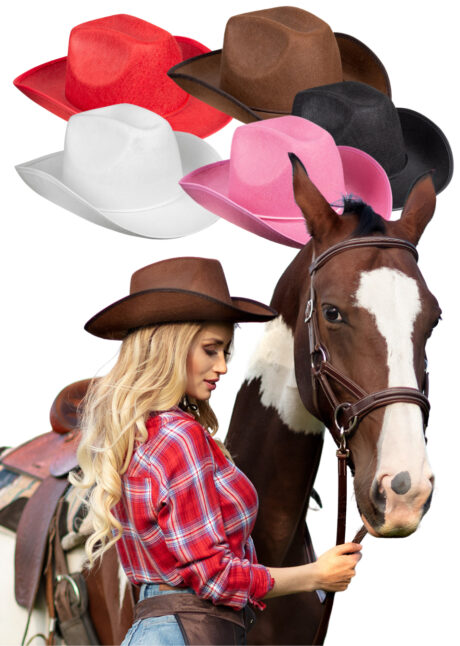 chapeau cowboy rose, chapeau cowboy rouge, chapeau cowboy blanc, chapeau cowboy noir, chapeau cowboy marron, chapeau de cowboy pas cher, Aux Feux de la Fête, Chapeau de Cowboy, Rodéo, 5 Couleurs