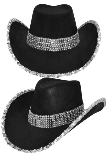 chapeau cowboy strass noir, chapeau cowboy noir paillettes, Chapeau de Cowboy Party Strass, Noir