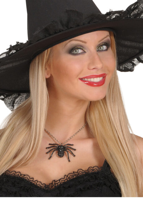 bijoux halloween, pendentif araignée, Collier Araignée Strass sur Chaîne Métal