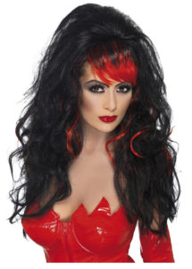 perruque diable pour femme, perruque Halloween femme, perruque noire femme, perruque vampire, Perruque Séductrice, Noire et Rouge