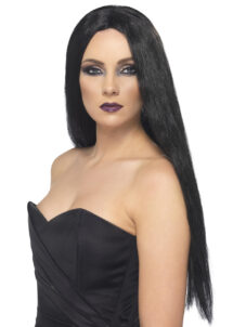 perruque noire, perruque sorcière, perruque cheveux longs noirs, perruque noire femme