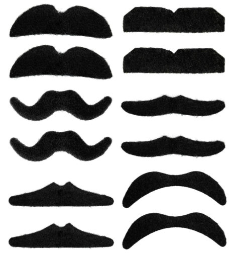 fausses moustaches, postiche, moustache postiche, fausses moustaches réalistes, fausse moustache de déguisement, moustaches noires, Moustaches Auto Adhésives x 12, Noires