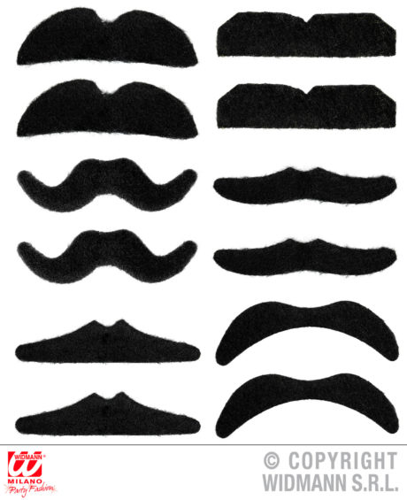 fausses moustaches, postiche, moustache postiche, fausses moustaches réalistes, fausse moustache de déguisement, moustaches noires, Moustaches Auto Adhésives x 12, Noires