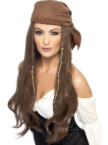 perruque de pirate, perruque avec coiffe de pirate, perruque femme, perruque pas cher paris, Perruque de Pirate, Bandeau et Perles, Châtain