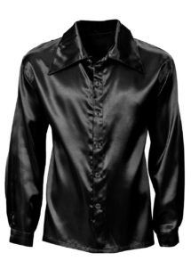 chemise disco satin, chemise disco déguisement, déguisement disco homme, chemise disco pour homme, accessoire disco déguisement homme, chemise noire, Chemise Satinée Noire