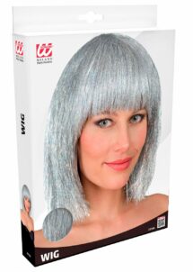 perruque argent brillante, perruque brillante argent, perruque futuriste, Perruque Disco Brillante Argent – Carré à Frange