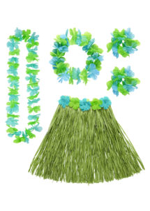 Kit Hawaï, jupe hawaï, collier hawaï, accessoires hawaïens déguisement, jupe hawaïenne déguisement, déguisement hawaï, déguisement jupe hawaïenne, Kit Hawaï, Hula Vert