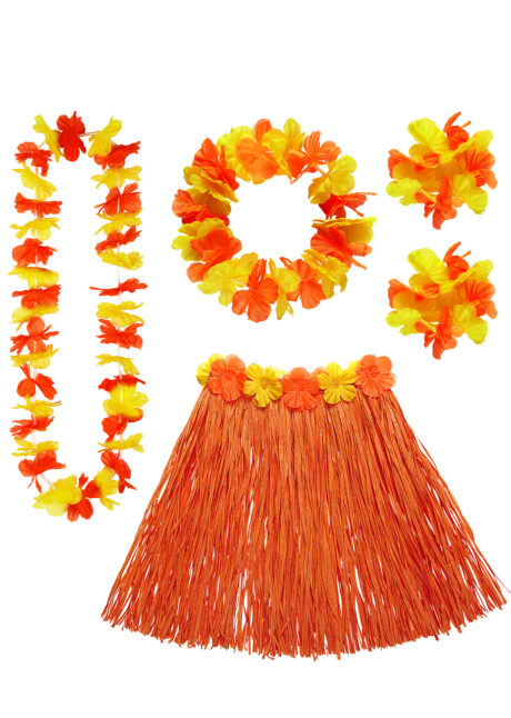 Kit Hawaï, jupe hawaï, collier hawaï, accessoires hawaïens déguisement, jupe hawaïenne déguisement, déguisement hawaï, déguisement jupe hawaïenne, Kit Hawaï, Hula Orange