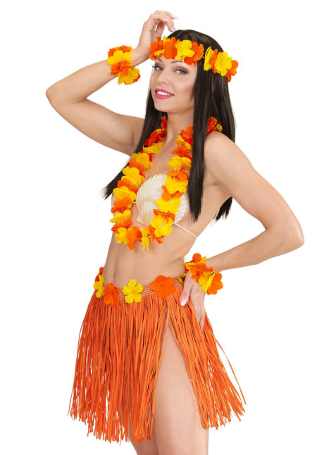 Kit Hawaï, jupe hawaï, collier hawaï, accessoires hawaïens déguisement, jupe hawaïenne déguisement, déguisement hawaï, déguisement jupe hawaïenne, Kit Hawaï, Hula Orange