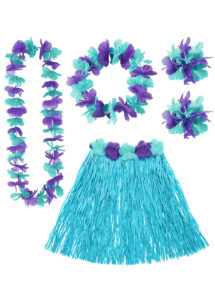 Kit Hawaï, jupe hawaï, collier hawaï, accessoires hawaïens déguisement, jupe hawaïenne déguisement, déguisement hawaï, déguisement jupe hawaïenne, Kit Hawaï, Hula Bleu
