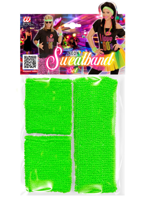 BANDEAU-FLUO-ANNEES-80-05833-2, Kit Années 80, Bandeau et Poignets, Vert Fluo