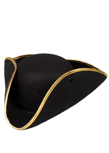 tricorne, chapeau tricorne, chapeau vénitien, tricorne de pirate, Chapeau Tricorne Noir, Bordure Dorée