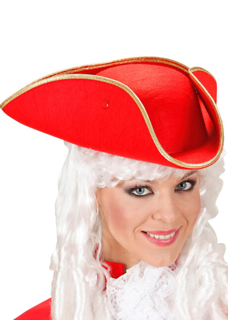 tricorne rouge, chapeau tricorne rouge, chapeau marquis, carnaval de Venise, Chapeau Tricorne Rouge, Bordure Dorée