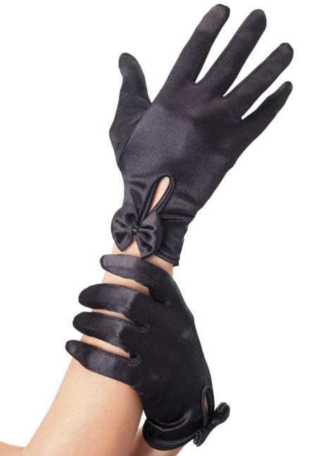 gants déguisement, accessoire gants déguisement, gants femmes déguisement, gants années 20, gants années 30, Gants Courts, Satin Noir avec Noeuds