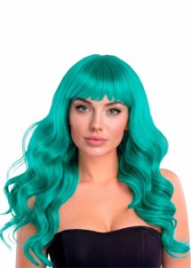 perruque verte longue, perruque verte frange, perruque lavable, Perruque Bella Verte – Longue à Frange