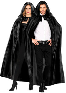 cape noire capuche, cape noire venise, cape vénitienne, cape noire halloween, Cape Noire à Large Capuche, Satinée