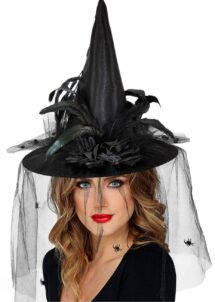 chapeau de sorcière décoré, chapeau de sorcière femme, chapeau de sorcière plumes, Chapeau de Sorcière à Plumes et Voilette