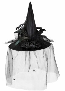 chapeau de sorcière décoré, chapeau de sorcière femme, chapeau de sorcière plumes, Chapeau de Sorcière à Plumes et Voilette