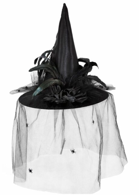 CHAPEAU SORCIERE VOILE ET PLUMES 30161, Chapeau de Sorcière à Plumes et Voilette