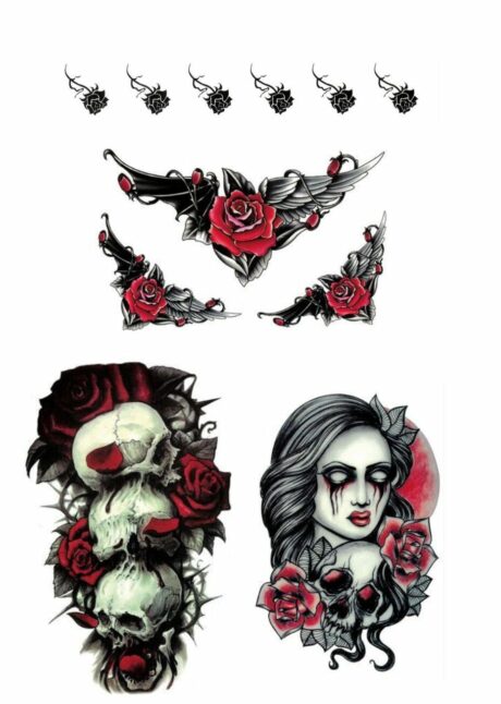 faux tatouage halloween jour des morts, faux tatouages crane, tatouages éphémères Halloween, Faux Tatouages Têtes de Mort et Roses Rouges
