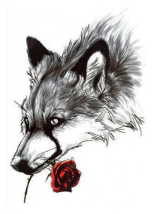 faux tatouage de loup, faux tatouage loup, tatouage temporaire, tatouages autocollants, Tatouages Temporaires, Loup Argenté avec Rose Rouge