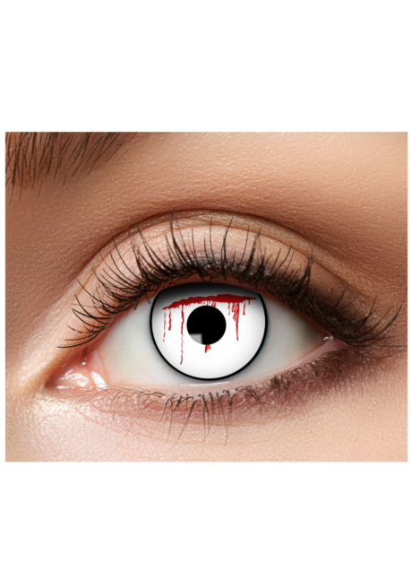 lentilles blanches avec sang, lentilles blanches coupure sang, Lentilles Blanches Eclaboussures de Faux Sang – Slash