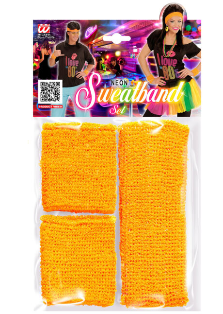 bandeau et poignets fluos, déguisement disco accessoire, bandeau et bracelets années 80, bandeau sport disco, accessoire fluo,, Kit Années 80, Bandeau et Poignets, Orange Fluo