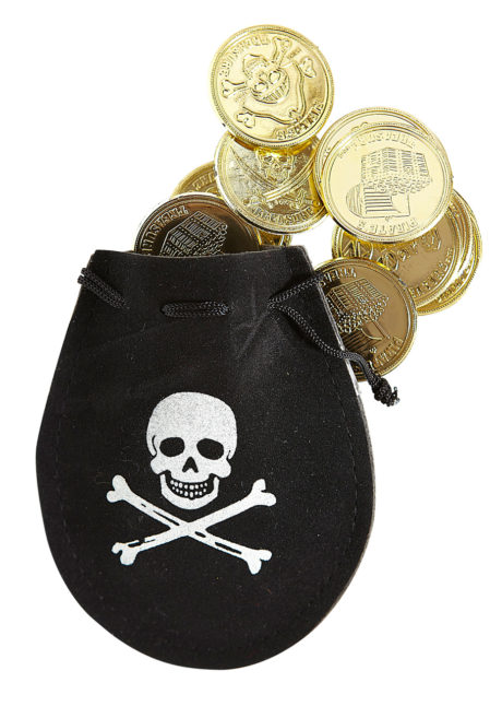 bourse de pirate, pièces de pirates, fausses pièces d'or, accessoire déguisement pirate, accessoire pirates, fausse bourse de pirate déguisement, Bourse de Pirate avec Pièces d’Or