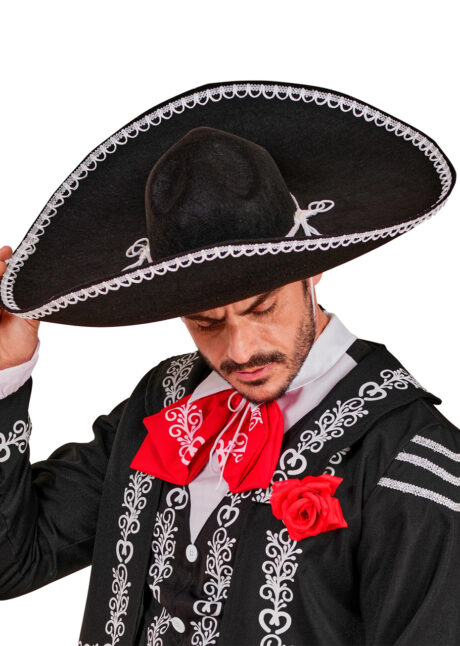 sombrero mexicain noir et blanc, sombrero mariachi, sombrero, Sombrero Mexicain, Noir Bordé de Blanc, Style Mariachi