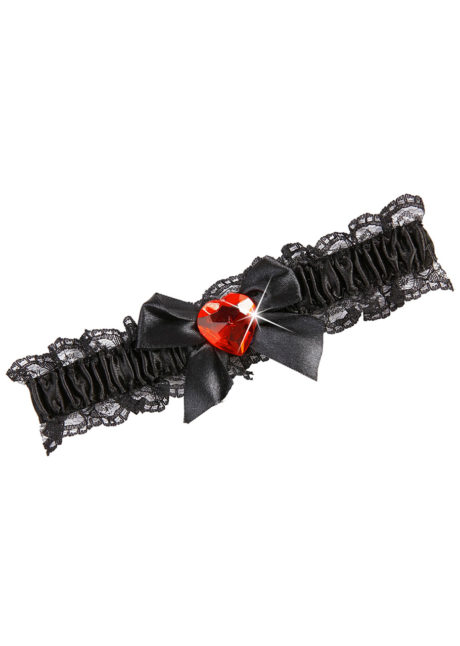 jarretière dentelle evjf, jarretière déguisement, accessoire déguisement, accessoire sexy déguisement, jarretière dentelle déguisement, accessoire jarretière, Jarretière en Dentelle Noire, Coeur Rouge