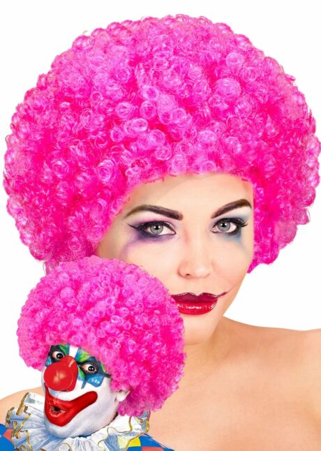 perruque de clown rose, perruque de clown déguisement, perruque de clown femme, Perruque de Clown Rose – Cheveux Frisés