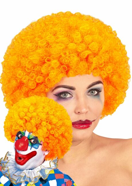 perruque de clown orange, perruque clown homme, perruque clown femme, Perruque de Clown Orange – Cheveux Frisés