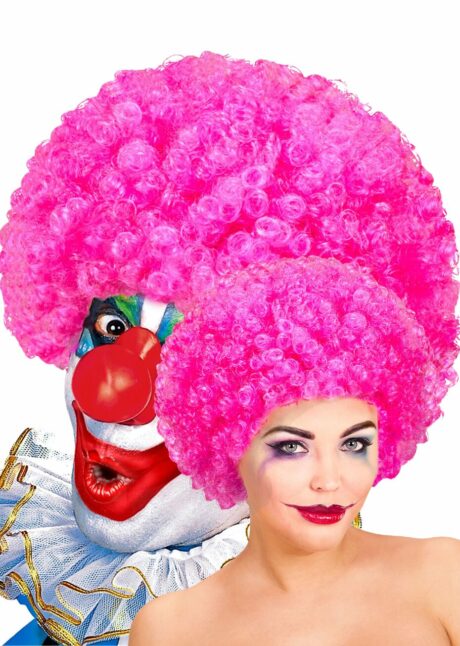 perruque de clown rose, perruque de clown déguisement, perruque de clown homme, Perruque de Clown Rose – Cheveux Frisés