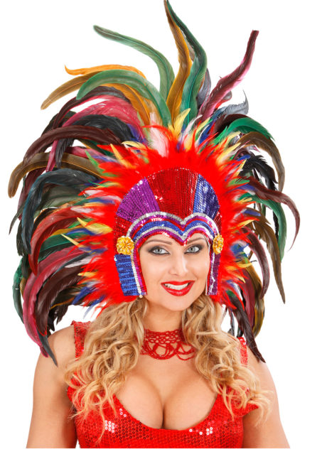 Belle Femme En Costume De Carnaval Coloré, Coiffe De Plumes