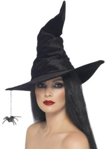 chapeau de sorcière, chapeaux de sorcières, chapeaux halloween, accessoires déguisements de sorcière, accessoire sorcière halloween, accessoire halloween, accessoire chapeau halloween, Chapeau de Sorcière, Araignée Suspendue, Velours Noir