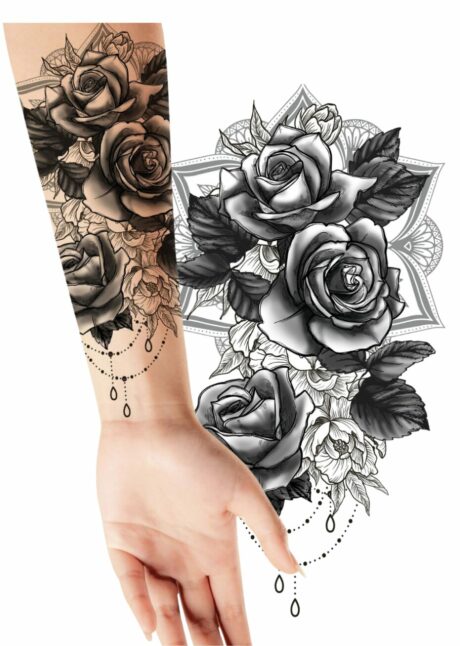 faux tatouage roses noires, tatouage éphémère roses, faux tatouage fleurs, Faux Tatouage Roses Noires et Mandala