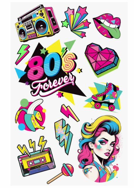 faux tatouages années 80, faux tatouages fluo, tatouages éphémères annees 80, Faux Tatouages Années 80 – Fluo et Pop