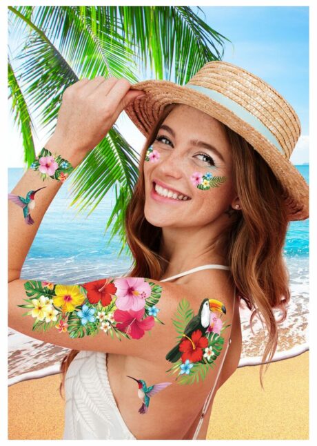 faux tatouages, tatouages temporaires, tatouages perroquets, tatouage tropical, Faux Tatouages Tropical – Fleurs, Toucan et Colibris