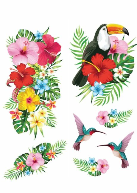 faux tatouages, tatouages temporaires, tatouages perroquets, tatouage tropical, Faux Tatouages Tropical – Fleurs, Toucan et Colibris