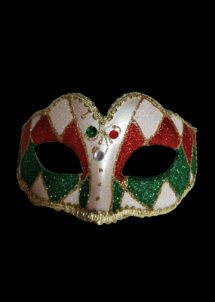 loup vénitien, masque vénitien, loup vénitien fait à la main, masque vénitien haute qualité, masque pour carnaval de venise, loup vénitien arlequin, Masque Loup Vénitien, Paillettes Arlequin, Vert et Rouge