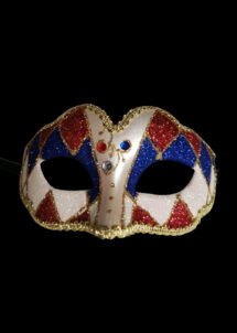 loup vénitien, masque vénitien, loup vénitien fait à la main, masque vénitien haute qualité, masque pour carnaval de venise, loup vénitien arlequin, Masque Loup Vénitien, Paillettes Arlequin, Bleu et Rouge