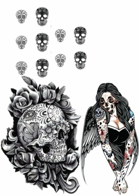 faux tatouage crane mexicain, faux tatouage jour des morts, Faux Tatouages Crâne Jour des Morts et Catrina
