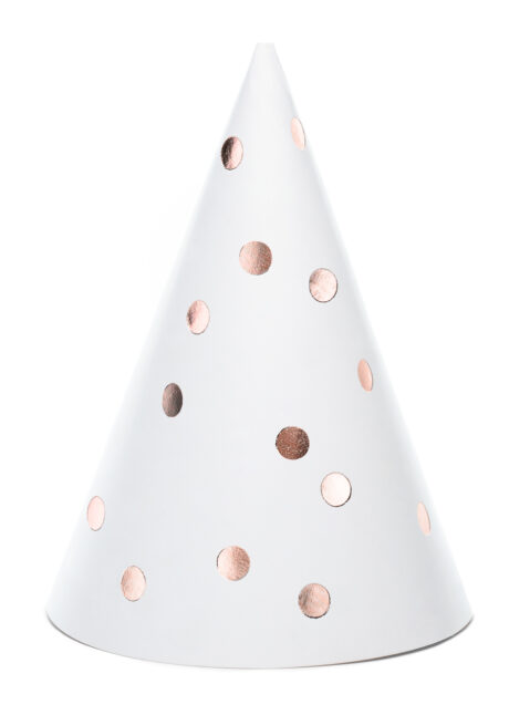 chapeaux pointus cotillons, chapeaux pointus rose gold, chapeaux réveillon, Chapeaux Pointus, Blancs et Pois Rose Gold, x 6