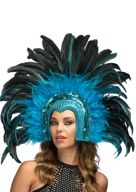 coiffe brésilienne, accessoire carnaval de rio, coiffe de carnaval, coiffure brésilienne, accessoire déguisement, déguisement brésilienne, coiffe brésilienne à plumes, Coiffe Brésilienne Samba, Bleue