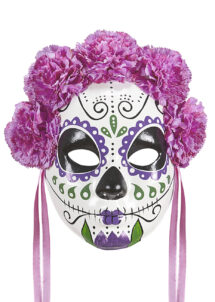 masque squelette mexicain, masque de déguisement, masque mexicain halloween, masque déguisement halloween, accessoire déguisement halloween masque, masque en papier maché, masque dia de la muerte, masque halloween, masque halloween day of death, déguisement jour des morts, masque jour de morts adulte, masque halloween femme, Masque Jour des Morts, Squelette Mexicain, Fleurs Parme