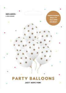 ballons hélium, ballons de baudruche, ballon latex, ballons décorations, ballons étoiles, Ballons Imprimés Etoiles, Blancs et Dorés, en Latex, x 6
