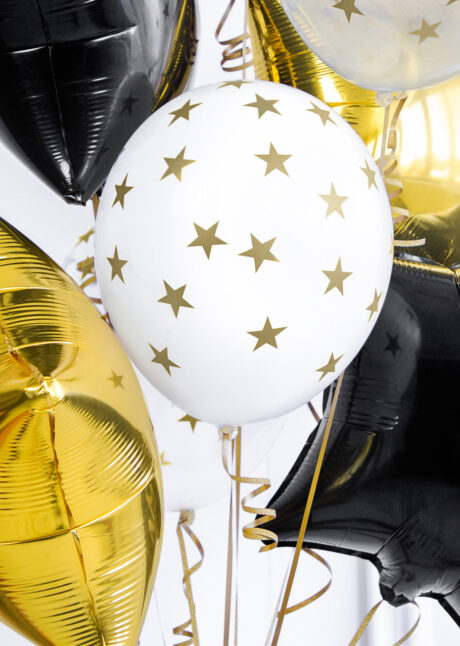 ballons hélium, ballons de baudruche, ballon latex, ballons décorations, ballons étoiles, Ballons Imprimés Etoiles, Blancs et Dorés, en Latex, x 6