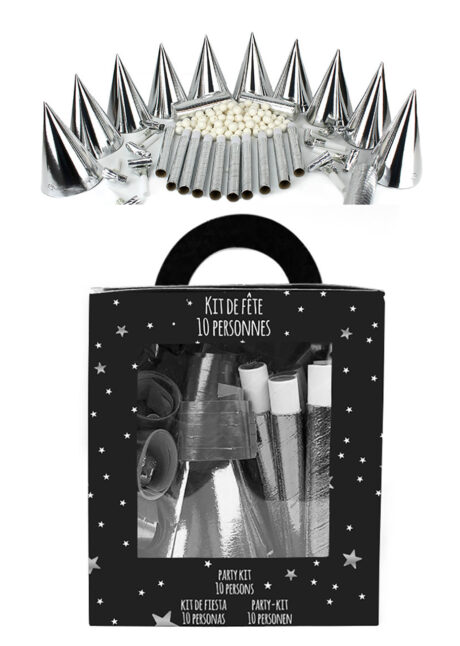 boite de cotillons, cotillons de fête, cotillons réveillon, Coffret de Cotillons, Argent, 10 Personnes