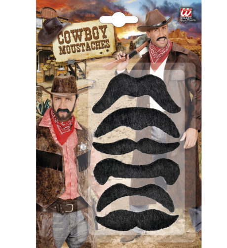 fausses moustaches, postiche, moustache postiche, fausses moustaches réalistes, fausse moustache de déguisement, moustaches noires, Moustaches Cowboy x 6, Noires