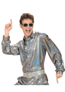 chemise disco satin, chemise disco déguisement, déguisement disco homme, chemise disco pour homme, accessoire disco déguisement homme, chemise argent disco, chemise argent hologramme